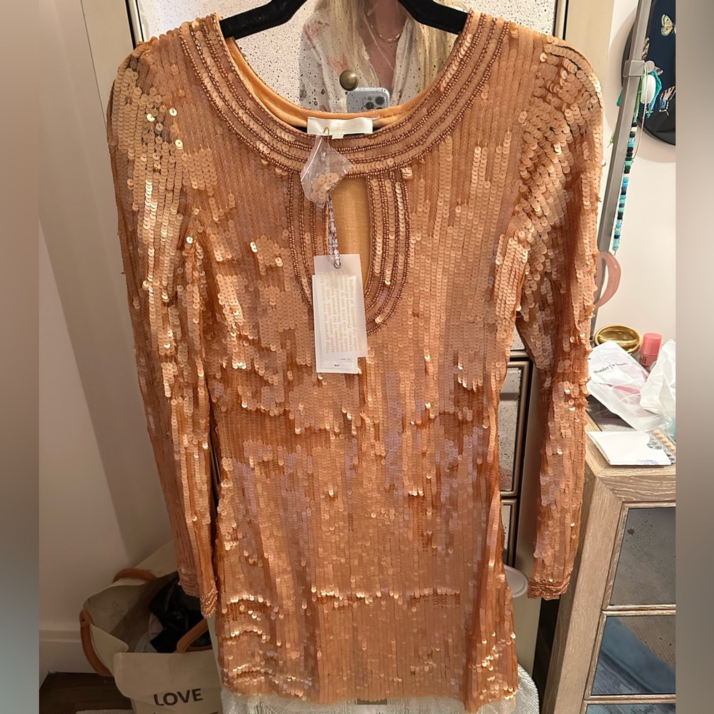 Loveshackfancy gold sequin mini dress